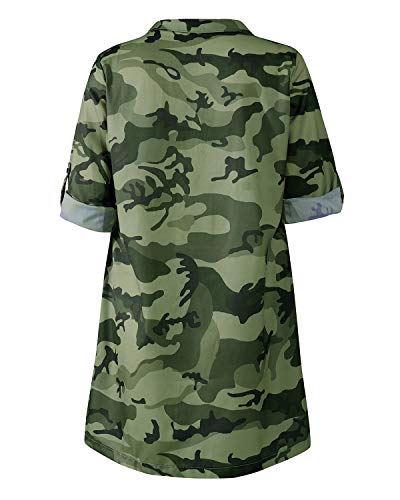 Auxo Camisa de Mujer Larga Elegante Camisas Camuflaje de Manga Larga Escote V con Cordones Mini Vestido Sexy Blusa Tallas Grandes Tunica Shirt 04-Camuflaje Verde XXL