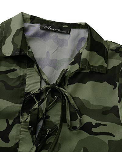 Auxo Camisa de Mujer Larga Elegante Camisas Camuflaje de Manga Larga Escote V con Cordones Mini Vestido Sexy Blusa Tallas Grandes Tunica Shirt 04-Camuflaje Verde XXL