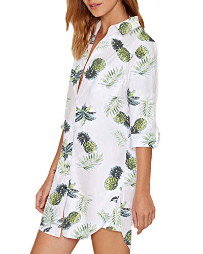 Auxo Elegante Blusa Camisa de Mujer con Cuello en V Estilo Informal Casual Suelto de Vacaciones Talla Grande Larga 02-Blanco XL