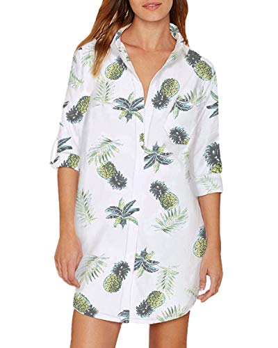 Auxo Elegante Blusa Camisa de Mujer con Cuello en V Estilo Informal Casual Suelto de Vacaciones Talla Grande Larga 02-Blanco XL