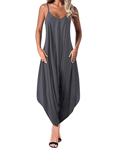 Auxo Mono Largo Mujer Tirantes Sin Mangas con Cuello En V Pantalones Anchos Casual Verano Jumpsuit Chic Elegant Mono de Noche Playsuit Anchos de Fiesta Bodysuit 01-Grigio Scuro XL