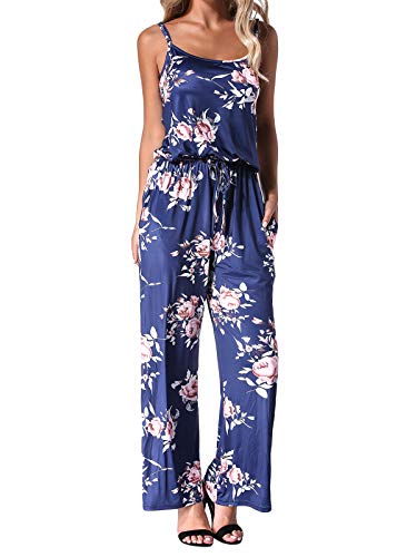Auxo Mono Largo Mujer Verano Sin Mangas Estampado Floral Pantalones Largos Jumpsuits Playsuit Monos de Playa Azul Marino XL