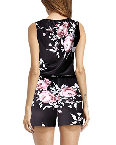 Auxo Mujer Monos Cortos Verano Estampado Sexy Jumpsuits Mono Deportivo Talla Grande Cuello V Sin Mangas 04w-Negro M