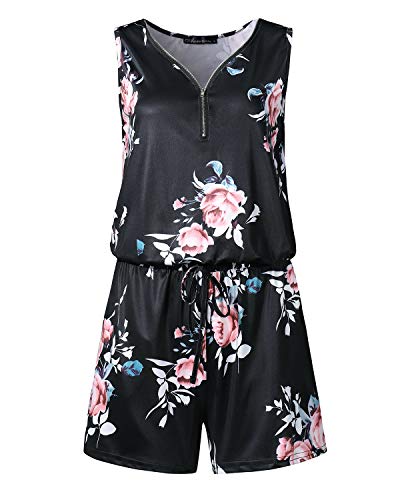 Auxo Mujer Monos Cortos Verano Estampado Sexy Jumpsuits Mono Deportivo Talla Grande Cuello V Sin Mangas 04w-Negro M
