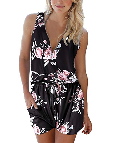 Auxo Mujer Monos Cortos Verano Estampado Sexy Jumpsuits Mono Deportivo Talla Grande Cuello V Sin Mangas 04w-Negro M