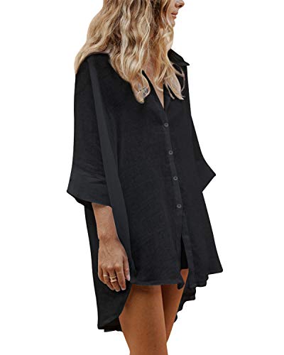 Auxo Mujer Sexy Botón Suelto con Cuello en v Camiseta de Manga Larga Casual Irregular Oversized Long Tops Blusa 01-Negro M