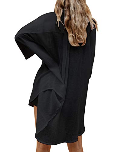 Auxo Mujer Sexy Botón Suelto con Cuello en v Camiseta de Manga Larga Casual Irregular Oversized Long Tops Blusa 01-Negro M