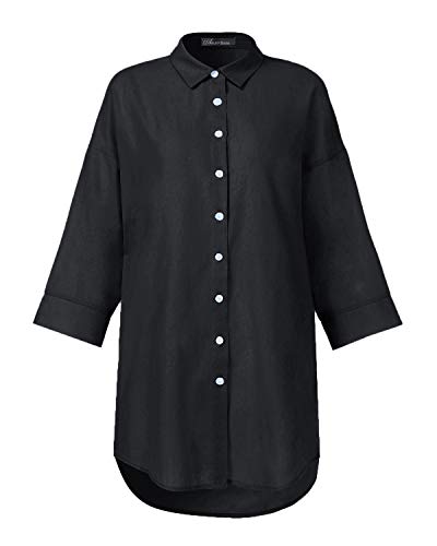 Auxo Mujer Sexy Botón Suelto con Cuello en v Camiseta de Manga Larga Casual Irregular Oversized Long Tops Blusa 01-Negro M