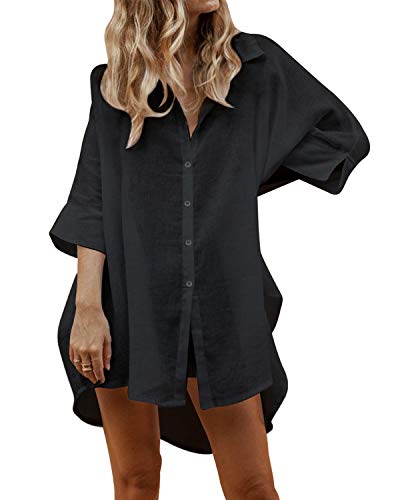 Auxo Mujer Sexy Botón Suelto con Cuello en v Camiseta de Manga Larga Casual Irregular Oversized Long Tops Blusa 01-Negro M