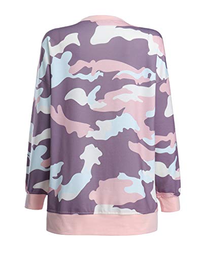 Auxo Mujer Sudadera de Manga Larga Camuflaje Pullover Túnica Tops Jumper Top Camisas Morado Claro 2XL