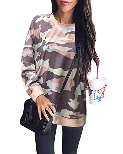 Auxo Mujer Sudadera de Manga Larga Camuflaje Pullover Túnica Tops Jumper Top Camisas Morado Claro 2XL