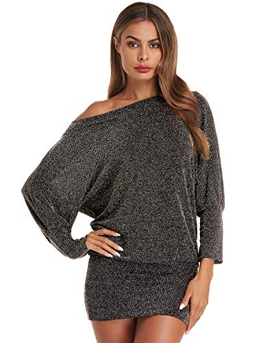Auxo Mujer Vestido Batwing de Manga Larga Elegante Cuello Barco Fuera del Hombro Casual Elástica Mini Vestidos Cóctel Ceremonia y Eventos Blusas Astilla S