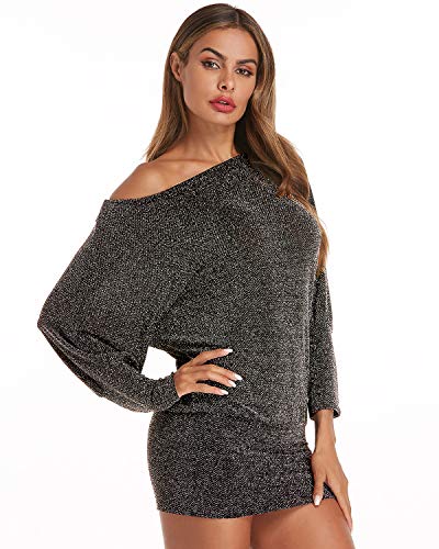 Auxo Mujer Vestido Batwing de Manga Larga Elegante Cuello Barco Fuera del Hombro Casual Elástica Mini Vestidos Cóctel Ceremonia y Eventos Blusas Astilla S