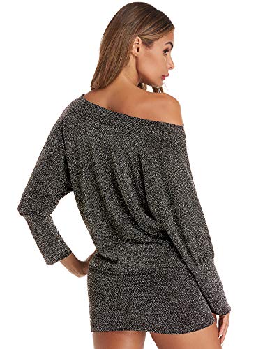 Auxo Mujer Vestido Batwing de Manga Larga Elegante Cuello Barco Fuera del Hombro Casual Elástica Mini Vestidos Cóctel Ceremonia y Eventos Blusas Astilla S
