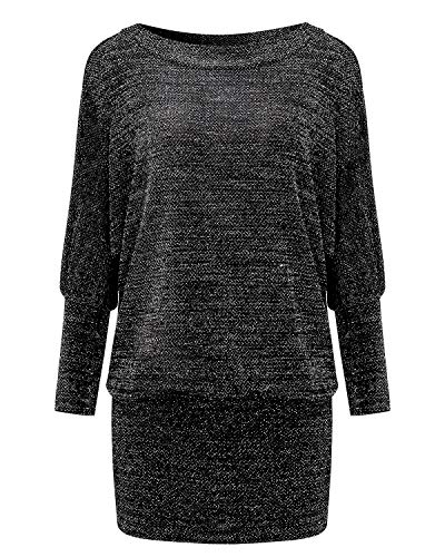 Auxo Mujer Vestido Batwing de Manga Larga Elegante Cuello Barco Fuera del Hombro Casual Elástica Mini Vestidos Cóctel Ceremonia y Eventos Blusas Astilla S