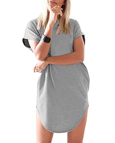 Auxo Mujer Vestido Sudadera Sexy Manga Corta con Capucha Verano Camiseta Blusa Talla Grande Túnica Camisa Larga Moda W-Gris Claro S