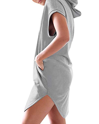 Auxo Mujer Vestido Sudadera Sexy Manga Corta con Capucha Verano Camiseta Blusa Talla Grande Túnica Camisa Larga Moda W-Gris Claro S