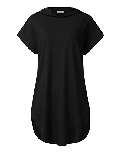 Auxo Mujer Vestido Sudadera Sexy Manga Corta con Capucha Verano Camiseta Blusa Talla Grande Túnica Camisa Larga Moda W-Negro XL