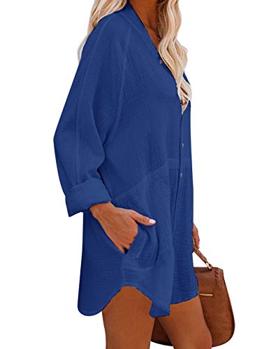 Auxo Mujeres Sexy Camisa Vestido Cuello en V Manga Larga Bolsillo Casual Túnica Suelta Tops Blusa Mini Jean Vestidos Azul XL
