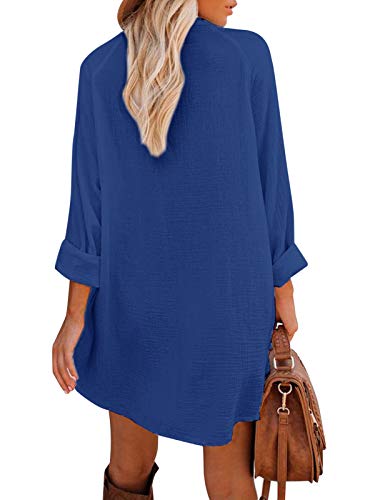 Auxo Mujeres Sexy Camisa Vestido Cuello en V Manga Larga Bolsillo Casual Túnica Suelta Tops Blusa Mini Jean Vestidos Azul XL