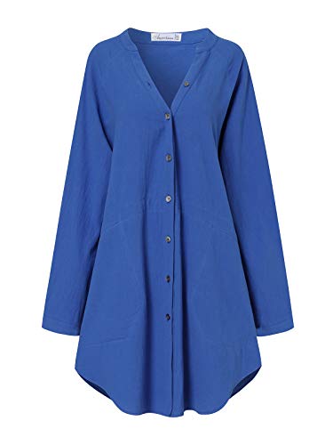 Auxo Mujeres Sexy Camisa Vestido Cuello en V Manga Larga Bolsillo Casual Túnica Suelta Tops Blusa Mini Jean Vestidos Azul XL
