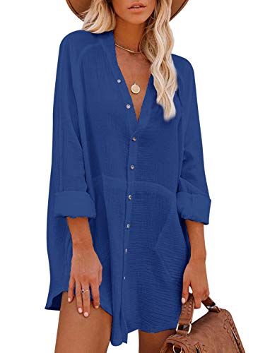 Auxo Mujeres Sexy Camisa Vestido Cuello en V Manga Larga Bolsillo Casual Túnica Suelta Tops Blusa Mini Jean Vestidos Azul XL