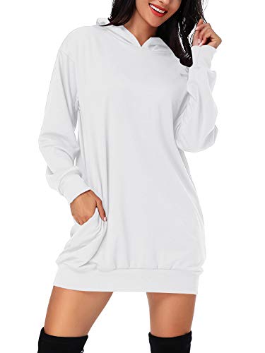 Auxo Sudadera con Capucha Mujer Pullover Hoodie Color Sólido Jersey Larga Bolsillos Casual Sudadera Vestido Tops Largos 01-Blanco XL