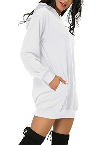 Auxo Sudadera con Capucha Mujer Pullover Hoodie Color Sólido Jersey Larga Bolsillos Casual Sudadera Vestido Tops Largos 01-Blanco XL