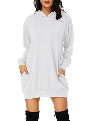 Auxo Sudadera con Capucha Mujer Pullover Hoodie Color Sólido Jersey Larga Bolsillos Casual Sudadera Vestido Tops Largos 01-Blanco XL