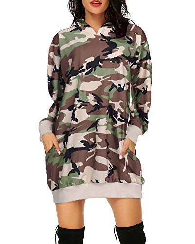 Auxo Sudaderas con Capucha para Mujer Jersey Manga Larga Camuflaje Bolsillos Casual Talla Grande Sudadera Vestido Hoodie Camuflaje L