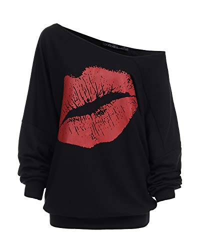 Auxo Sudaderas Mujer Invierno Elegante Camisetas Suéter Fuera del Hombro Manga Larga Jerséis Tops 03-negro1 L