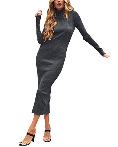 Auxo Vestido a Punto Cuello Alto Suéter Larga Elegante Clásico para Mujer Jerséy para Otoño Invierno Fiesta Cóctel Noche 01-Gris Oscuro S