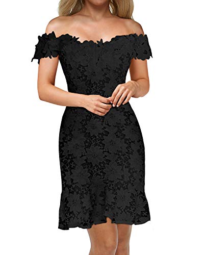 Auxo – Vestido de noche elegante para mujer, encaje, manga larga, vestido de cóctel, corto, cuello barco, sexi D Noir L