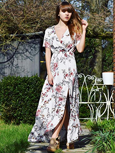 Auxo Vestido Largo Verano Mujer Estampado Floral Vestidos Bohemios Manga Corta Cuello V Vestido Playa Largo Negro XL