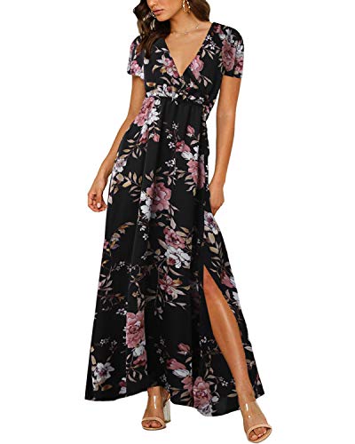 Auxo Vestido Largo Verano Mujer Estampado Floral Vestidos Bohemios Manga Corta Cuello V Vestido Playa Largo Negro XL