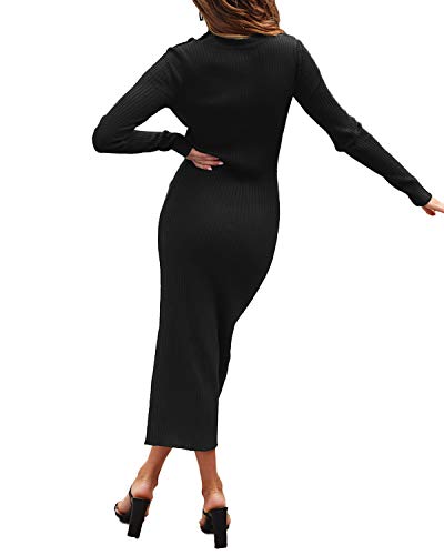 Auxo Vestido Negro a Punto Cuello Alto Suéter Larga Elegante Clásico para Mujer Jerséy para Otoño Invierno Fiesta Cóctel Noche 01-Negro M
