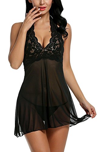 Avidlove Conjunto Lenceria Picante Camisón Pecho Bowknot Bordado para Mujer Negro Talla-XXL