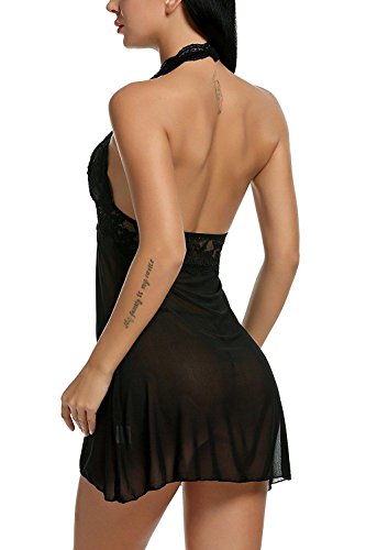 Avidlove Mujer Babydoll Camisón de Encaje sin Espaldo Negro Talla-M