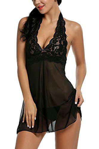 Avidlove Mujer Babydoll Camisón de Encaje sin Espaldo Negro Talla-M