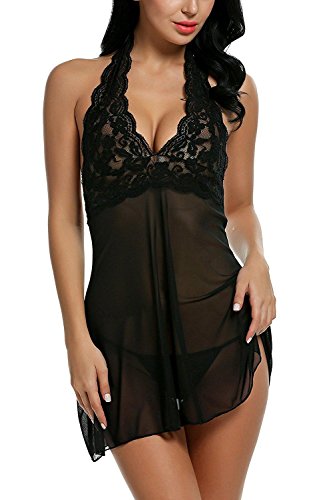 Avidlove Mujer Babydoll Camisón de Encaje sin Espaldo Negro Talla-M