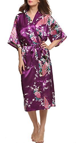 Avidlove Pijama Lencería Kimono Largo Pavo de satén y Estampado Floral para Mujer