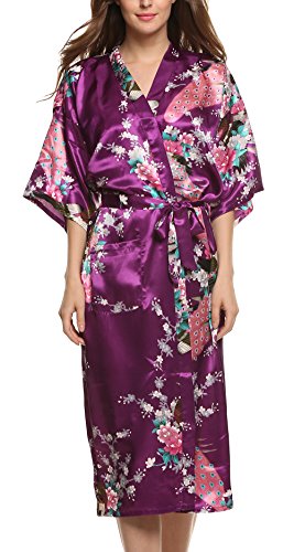 Avidlove Pijama Lencería Kimono Largo Pavo de satén y Estampado Floral para Mujer