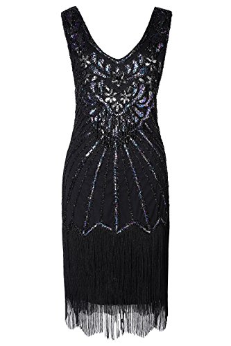 BABEYOND Años 20 Estilo Vintaje Vestido con Cuello en V Gatsby Disfraz Vestido con Flecos de Lentejuelas (Negro, S)