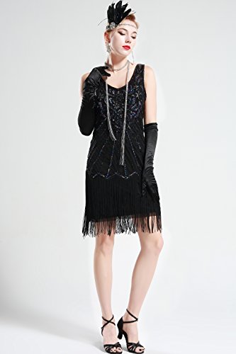 BABEYOND Años 20 Estilo Vintaje Vestido con Cuello en V Gatsby Disfraz Vestido con Flecos de Lentejuelas (Negro, S)