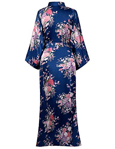 BABEYOND Kimono de Seda Vestido de Satén Kimono Pavo Real Novia Pijamas de Seda Bata de Satén 135 cm (Azul)