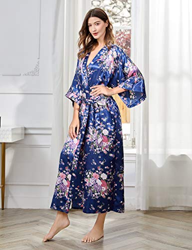 BABEYOND Kimono de Seda Vestido de Satén Kimono Pavo Real Novia Pijamas de Seda Bata de Satén 135 cm (Azul)
