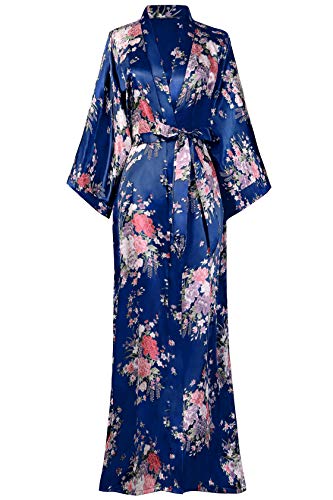 BABEYOND Kimono de Seda Vestido de Satén Kimono Pavo Real Novia Pijamas de Seda Bata de Satén 135 cm (Azul)