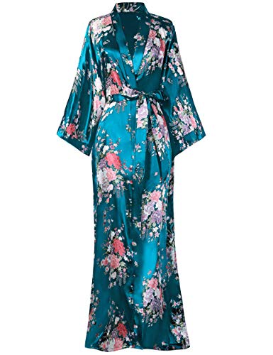 BABEYOND Kimono de Seda Vestido de Satén Kimono Pavo Real Novia Pijamas de Seda Bata de Satén 135 cm (Mar Verde)