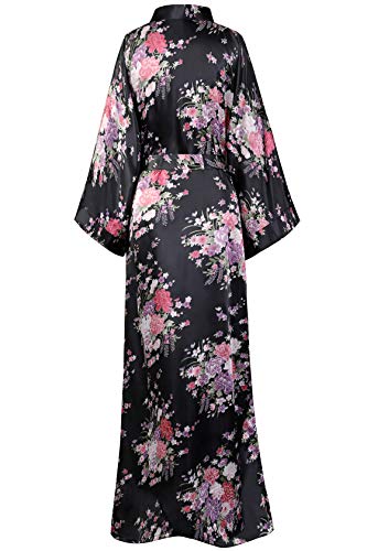 BABEYOND Kimono de Seda Vestido de Satén Kimono Pavo Real Novia Pijamas de Seda Bata de Satén 135 cm (Negro)
