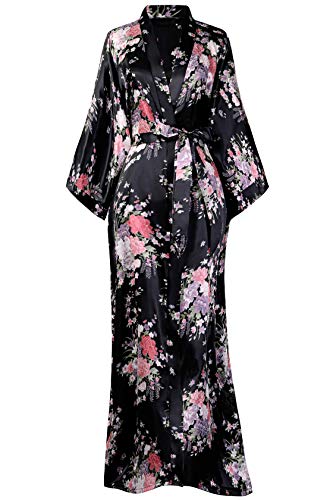 BABEYOND Kimono de Seda Vestido de Satén Kimono Pavo Real Novia Pijamas de Seda Bata de Satén 135 cm (Negro)